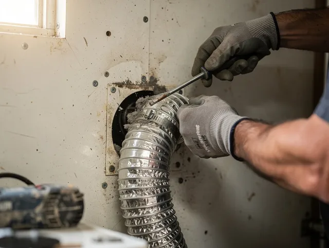 Rancho Santa Margarita Dryer Vent Cleaning technician performing precise dryer vent hose installation in Rancho Santa Margarita